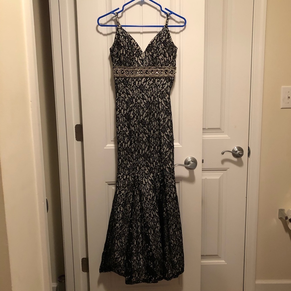 Black and silver lace prom dress